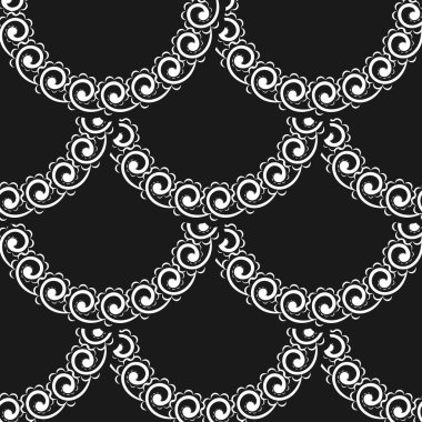 Barok tarzında bir duvar kağıdı. Siyah ve beyaz çiçek elementleri. Duvar kağıdı, kumaş, ambalaj, ambalaj için grafiksel süs. Damask çiçek süsü. Basit biçim, vektör illüstrasyonu.