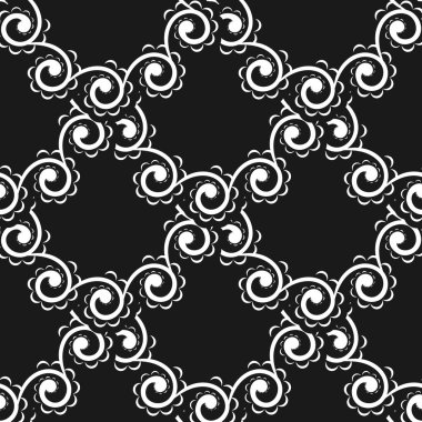 Damask kusursuz vektör arkaplanı. Siyah ve beyaz çiçek elementleri. Duvar kağıdı, kumaş, ambalaj, ambalaj için grafiksel süs. Damask çiçek süsü. Basit biçim, vektör illüstrasyonu.