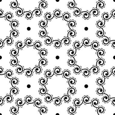 Doğulu kusursuz vektör arkaplanı. Siyah ve beyaz çiçek elementleri. Duvar kağıdı, kumaş, ambalaj, ambalaj için grafiksel süs. Doğulu çiçek süsü. Basit biçim, vektör illüstrasyonu.