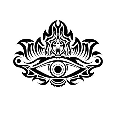 Boho Hindistan 'da her şeyi gören Göz' ün soyut bir sembolü. Siyah üzerine siyah dövme, süsleme tişörtü ya da boyama sayfası ya da yetişkin boyama kitabı için. Sihirli okültizm esrarengiz kavramları