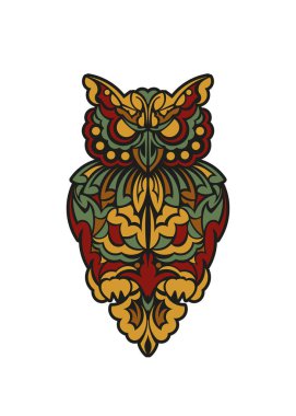 Barok renginde baykuş süsü. Logolar, dövmeler, parmak izleri ve kartpostallar için iyi. Vektör illüstrasyonu