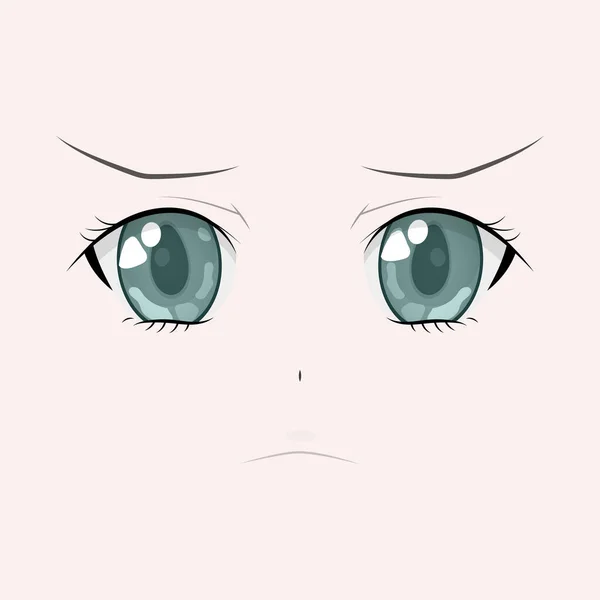 Anime Enojado Estilo Grandes Ojos Verdes Ilustración Vectorial Dibujada Mano — Archivo Imágenes Vectoriales