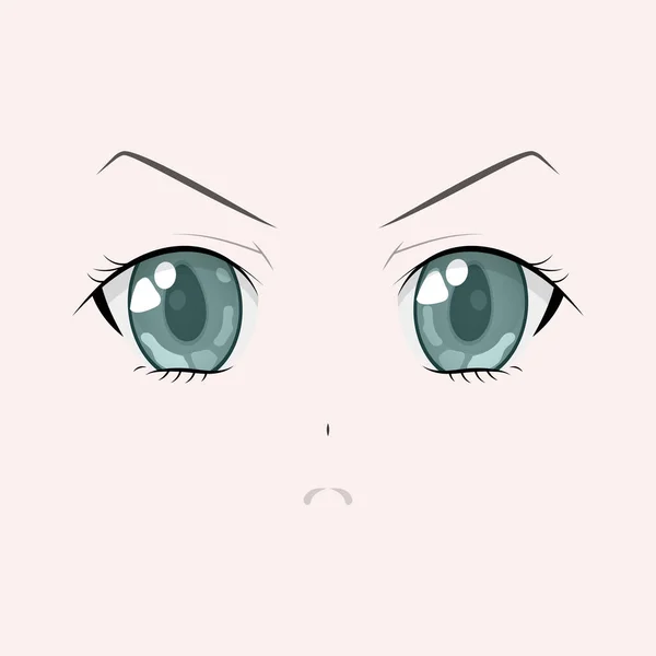 Estilo Anime Irritado Grandes Olhos Verdes Ilustração Vetorial Desenhada Mão — Vetor de Stock