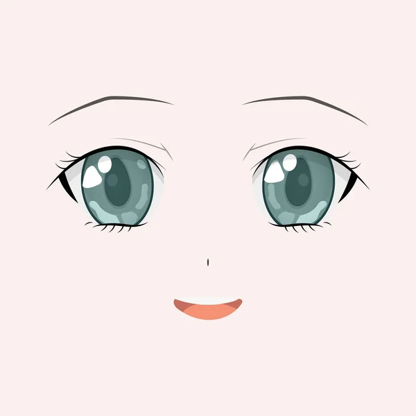 Szczęśliwa Anime Twarz Manga Styl Duże Zielone Oczy Mały Nos — Wektor stockowy