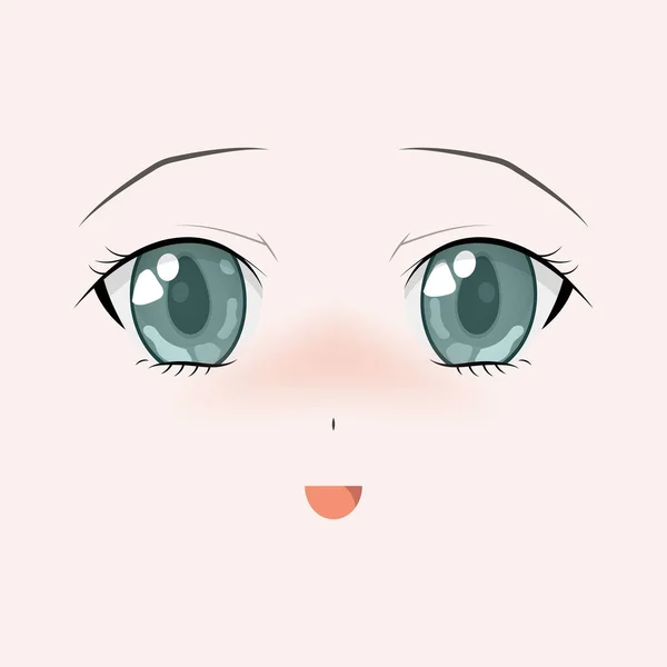 Joyeux Visage Anime Manga Style Grands Yeux Verts Petit Nez — Image vectorielle