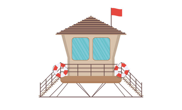 Wooden lifeguard house in flat design. Retro life guard tower isolated on white background. Baywatch hut or observation tower vector illustration.