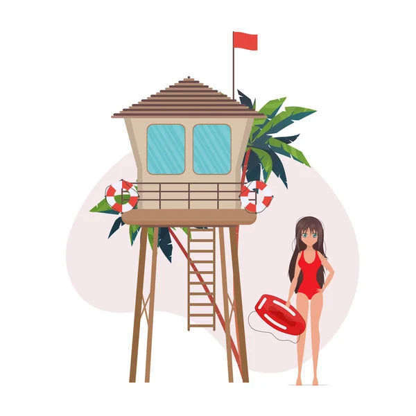 Woman Life Buoy Beach Lifeguard Girl Swimsuit Banners Cartoon Anime — Stock Vector