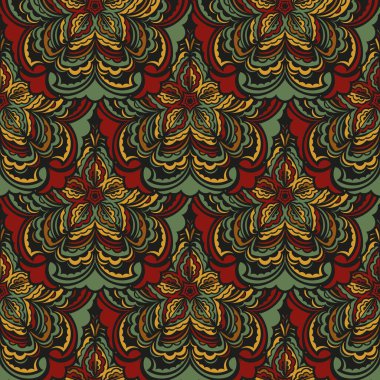 Oriental soyut, kusursuz vektör arkaplanı. Eski tarz bir şablona sahip duvar kağıdı. Yerli çiçek elementi. Kumaş, ambalaj ve ambalaj için grafiksel süsleme.