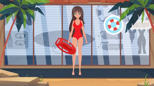 Ein Bademeister Roten Badeanzug Hält Ein Brett Den Händen Cartoon — Stockvektor