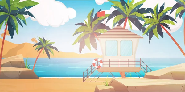 Beach Rescue Post Beach Palm Trees Lifebuoy Cartoon Style Vector — Stock Vector