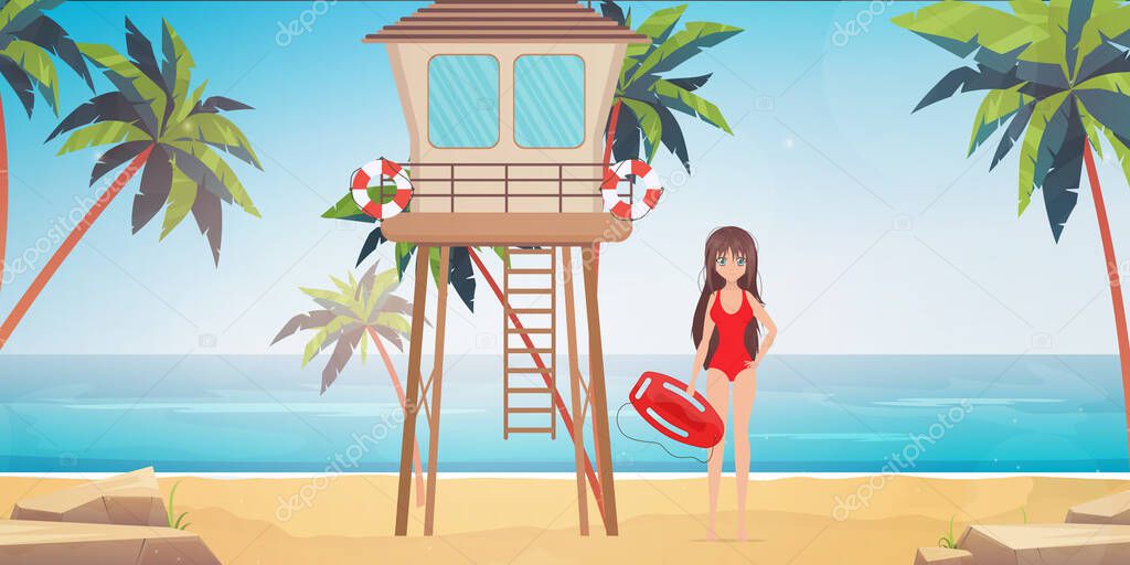 Beach rescue post. A lifeguard girl in a red swimsuit holds a board in her hands. Cartoon style, vector illustration.