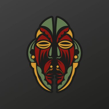 Barok renginde Polinezya maskesi. Kadim kabilelerin tanrılarının yüzü. Dantel motifli lüks desen. İzole edilmiş. Vektör illüstrasyonu