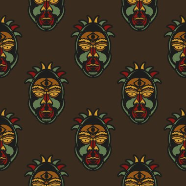 Barok tarzı renklerde tanrıların maskeleriyle kusursuz bir desen. Kapaklar, kumaşlar, kartpostallar ve baskı için iyi. Vektör illüstrasyonu.