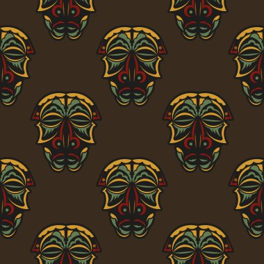 Barok tarzı renklerde tanrıların maskeleriyle kusursuz bir desen. Menüler, kartpostallar, duvar kağıtları ve kumaşlar için iyidir. Vektör illüstrasyonu.
