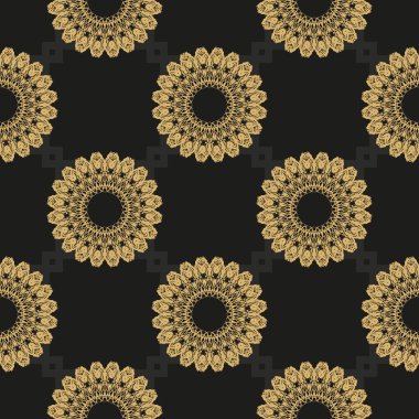 Eski tarz bir şablona sahip duvar kağıdı. Duvar kağıdı, kumaş, ambalaj, ambalaj için grafiksel süs. Çin siyah ve sarı soyut çiçek süsü. Vektör illüstrasyonu.