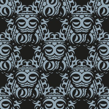 Mavi renkli süslemeleri olan koyu ve pürüzsüz bir desen. Eski tarz bir şablona sahip duvar kağıdı. Yerli çiçek elementi. Kumaş, ambalaj ve ambalaj için grafiksel süsleme.