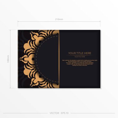 Hint mandala süsüsüyle hazır kartpostal tasarımı. Siyah altın renkli, lüks renkler. Arkaplan ve duvar kağıdı olarak kullanılabilir.