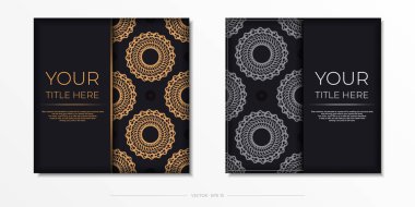 Koyu siyah kart şablonu ve beyaz Hint süslemeleri. Zarif ve klasik unsurlar baskı ve tipografi için hazır. Vektör illüstrasyonu.