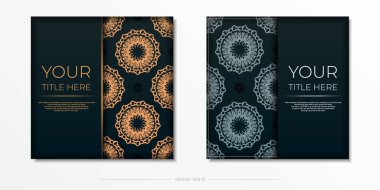 Beyaz mandala süslemeli koyu yeşil kartpostal şablonu. Zarif ve klasik vektör elementleri baskı ve tipografi için hazır.