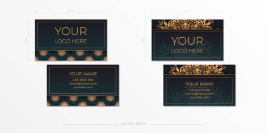 Koyu yeşil kartvizit şablonu dekoratif süslemeler kartvizitler, oryantal desenler, vektör çizimleri.