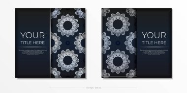 Koyu mavi bir kartpostal şablonu ve beyaz Hint süslemeleri. Zarif ve klasik vektör elementleri baskı ve tipografi için hazır.