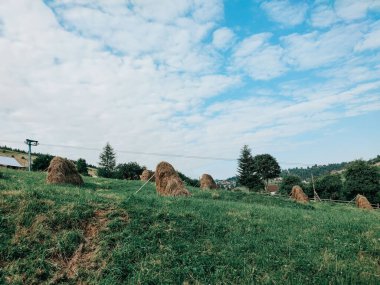 Dağ manzaralı bir arazide saman yığını.
