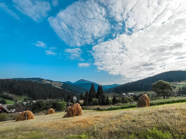 Haystack Полі Видом Гори — стокове фото