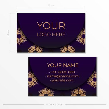 Mor lüks kartvizit şablonu. Dekoratif kartvizit süslemeleri, oryantal desenler, resimleme.