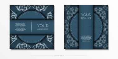 Square vector postcards in blue color with luxury light ornaments. Invitation card design with vintage patterns.
