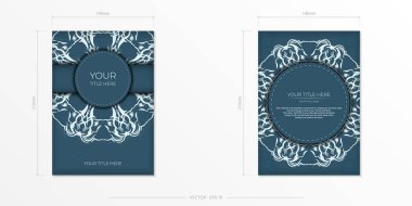 Rectangular Preparing a blue postcard with a luxurious light ornamentation. Vector Template for printing design invitation card with vintage patterns.