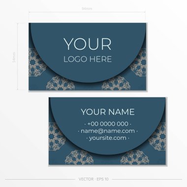 Vector Preparation of business cards in Blue color with luxurious light ornaments. Business card design printable template with vintage patterns.