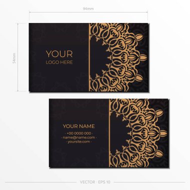 Lüks siyah kartvizitlerle klasik modeller hazırlıyorum. Mandala süslemeli baskı tasarım kartviziti için vektör şablonu.