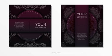 Vintage süslemeli Burgundy renkli kartpostal şablonu. Mandala desenli yazdırmaya hazır davet tasarımı.