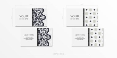 Kartvizitlerin soyut desenli siyah beyaz renklerde vektör hazırlığı. Monogram süslemeli baskı tasarım kartviziti şablonu.