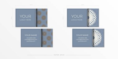 Lüks süslemeli mavi kartvizit tasarımı. Vintage desenli vektör kartvizitleri.