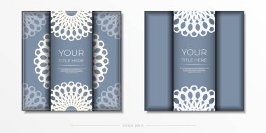 Lüks Baskıya Hazır Mavi Arap desenli kartpostal tasarımı. Klasik süslemeli davetiye kartı şablonu.