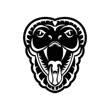 Kobra yüzü simgesi siyah çizim. Bir spor takımı için Kral Kobra amblemi. Tişört için yazıcı tasarımı.