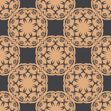 Eskimiş süslemeleri olan koyu ve pürüzsüz bir desen. Eski tarz bir duvar kâğıdı. Yerli çiçek elementi. Kumaş, ambalaj ve ambalaj için grafiksel süsleme.