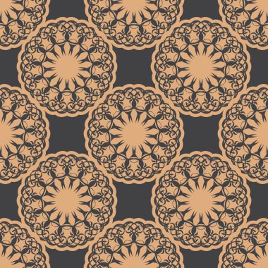 Eskimiş süslemeleri olan koyu ve pürüzsüz bir desen. Eski tarz bir duvar kâğıdı. Yerli çiçek elementi. Duvar kağıdı, ambalaj, ambalaj için grafik süsü.