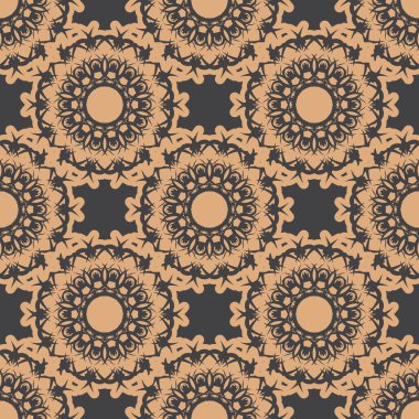 Eskimiş süslemeleri olan koyu ve pürüzsüz bir desen. Eski tarz bir duvar kâğıdı. Yerli çiçek elementi. Duvar kağıdı, kumaş, ambalaj ve kağıt için grafiksel süs.