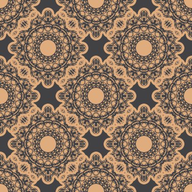 Eskimiş süslemeleri olan koyu ve pürüzsüz bir desen. Eski tarz bir duvar kâğıdı. Duvar kağıdı, kumaş, ambalaj, ambalaj için grafiksel süs.