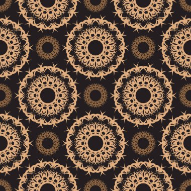 Eskimiş süslemeleri olan koyu ve pürüzsüz bir desen. Eski tarz bir duvar kâğıdı. Yerli çiçek elementi. Duvar kağıdı, kumaş, ambalaj ve kağıt için süs. Basit biçim, vektör illüstrasyonu.