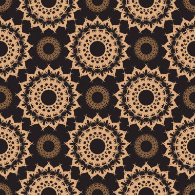 Eskimiş süslemeleri olan koyu ve pürüzsüz bir desen. Eski tarz bir duvar kâğıdı. Yerli çiçek elementi. Duvar kağıdı, kumaş, ambalaj ve kağıt için süs. Basit biçim, vektör illüstrasyonu.