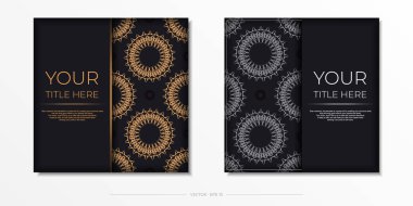 Siyah renkli, monogram desenli bir kartpostal tasarımı. Çiğ süslemeli vektör davet kartı.