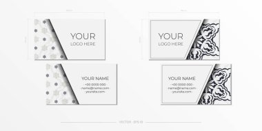 Siyah süslemeli beyaz renkli kartvizit basmak için vektör şablonu. Lüks şablonlu kartvizit hazırlama.