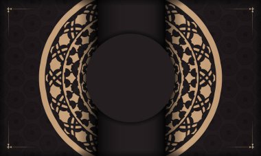 Siyah arka plan, lüks eski süsler ve logonuz için bir yer. Yunan süslemeleri ile kartpostal yazdırma şablonu.