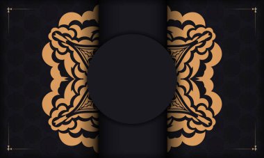 Logonuz için süslü püslü süsleri olan siyah bir pankart. Vintage süslemeli vektör kartpostal tasarımı.