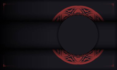 Lüks eski süslemeleri olan siyah-kırmızı bir arka plan ve metin ve logo için yer. Yunan süslemeleri ile baskıya hazır kartpostal tasarımı.