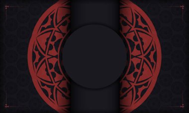 Lüks süslemeleri ve logonuz için yeri olan siyah-kırmızı bir pankart. Yunan desenli kartpostal yazdırma şablonu.