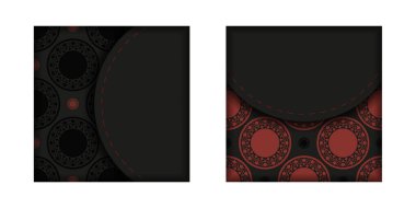 Kartpostal tasarımı siyah ve kırmızı renkli ve lüks desenli. Metin ve klasik süslemeniz için yer içeren vektör davet kartı.